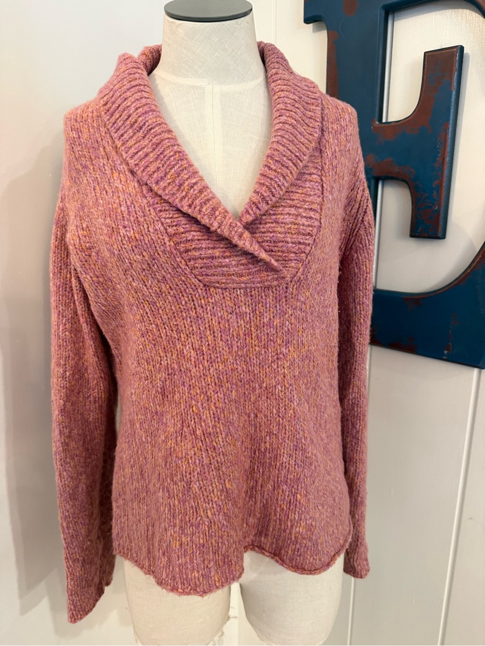 Eileen Fisher Pink and Orange Marbled Shawl Collar Wool Blend Sweater Sz S